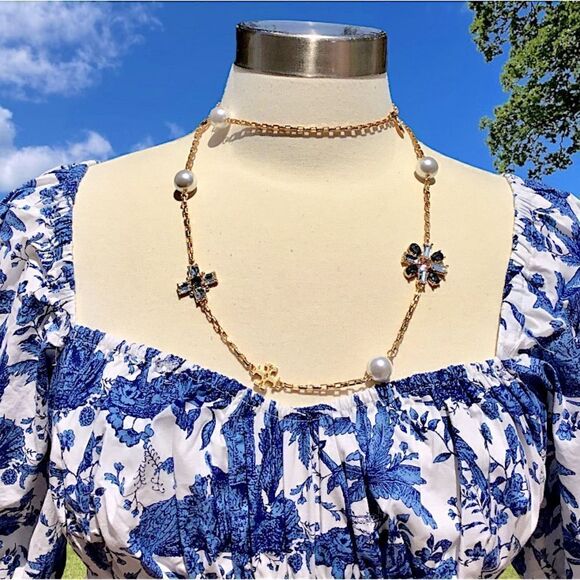 TORY BURCH STATEMENT PEARLS AND NATURAL SMOKY QUARTZ CRYSTALS NECKLACE - Picture 1 of 7